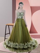 Glorious Olive Green A-line Beading and Appliques Prom Gown Lace Up Tulle Sleeveless