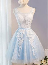  Baby Blue Prom Dress Prom and Party with Appliques and Belt Scoop Sleeveless Lace Up