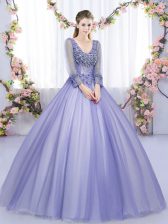 Custom Fit Lavender Ball Gowns V-neck Long Sleeves Tulle Floor Length Lace Up Lace and Appliques Ball Gown Prom Dress