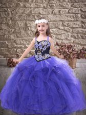 High End Sleeveless Tulle Floor Length Lace Up High School Pageant Dress in Purple with Embroidery and Ruffles