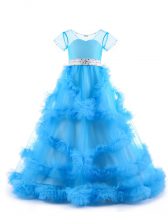  Floor Length Baby Blue Pageant Dress Toddler V-neck Short Sleeves Backless