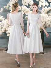 Cheap Tea Length White Prom Evening Gown Scoop 3 4 Length Sleeve Zipper