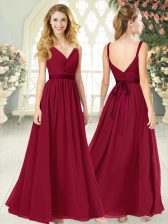 Customized V-neck Sleeveless Evening Dress Floor Length Ruching Wine Red Chiffon
