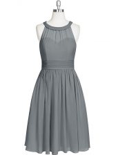 Low Price Grey A-line Ruching Prom Gown Zipper Chiffon Sleeveless Knee Length