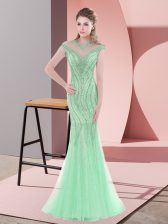 Hot Selling Apple Green Cap Sleeves Sweep Train Beading Prom Evening Gown