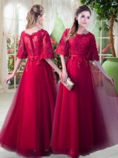  Red A-line Appliques Prom Dress Zipper Tulle Half Sleeves Floor Length