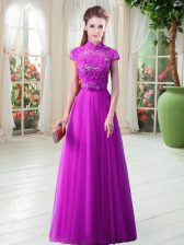 Elegant Tulle High-neck Cap Sleeves Lace Up Appliques and Belt Prom Dresses in Purple