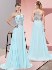 High Quality Empire Sleeveless Baby Blue Dress for Prom Sweep Train Side Zipper