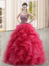 Classical Beading and Ruffles Quinceanera Gown Coral Red Lace Up Sleeveless Floor Length