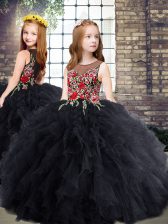  Black Tulle Zipper Little Girl Pageant Dress Sleeveless Floor Length Embroidery and Ruffles
