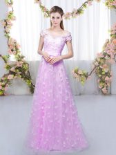  Floor Length Lilac Court Dresses for Sweet 16 Off The Shoulder Cap Sleeves Lace Up