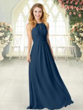 Fine Navy Blue Chiffon Zipper Scoop Sleeveless Floor Length Prom Party Dress Ruching