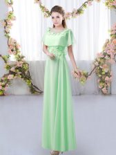 Elegant Green Empire Scoop Short Sleeves Chiffon Floor Length Zipper Appliques Damas Dress