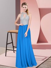 Chic Chiffon High-neck Sleeveless Zipper Beading Prom Gown in Blue