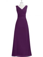  V-neck Sleeveless Dress for Prom Floor Length Ruching Eggplant Purple Chiffon