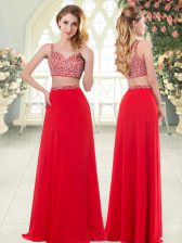  Red Two Pieces Straps Sleeveless Chiffon Floor Length Zipper Beading Dress for Prom
