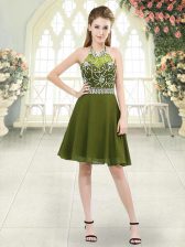 Romantic Olive Green Zipper Halter Top Beading Prom Party Dress Chiffon Sleeveless