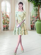 Affordable Yellow Green Half Sleeves Ruching Knee Length Prom Evening Gown