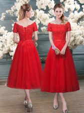 Eye-catching Red Short Sleeves Tea Length Lace Lace Up 