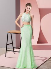 Clearance Lace Halter Top Sleeveless Backless Beading and Lace Evening Dress in Apple Green