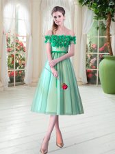 Dazzling Tea Length Turquoise Homecoming Dress Tulle Sleeveless Appliques