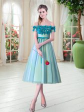  Tea Length Aqua Blue Prom Party Dress Off The Shoulder Sleeveless Lace Up
