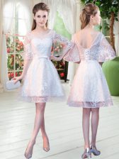 Admirable White Half Sleeves Knee Length Beading Lace Up Prom Dresses
