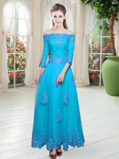  Blue Off The Shoulder Lace Up Lace Prom Dresses 3 4 Length Sleeve