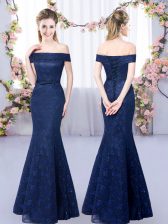 Sophisticated Navy Blue Lace Up Off The Shoulder Sleeveless Floor Length Damas Dress Lace