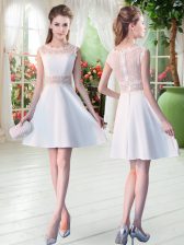 Custom Design Sleeveless Satin Mini Length Zipper Prom Dresses in White with Lace