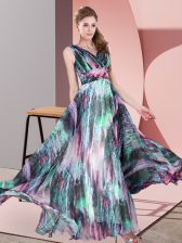 Comfortable Printed V-neck Sleeveless Lace Up Pattern Prom Evening Gown in Multi-color