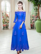 Sexy Lace Evening Dress Royal Blue Lace Up 3 4 Length Sleeve Floor Length