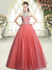  Watermelon Red Zipper Dress for Prom Beading Sleeveless Floor Length