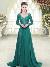 Pretty Green Empire Sweetheart Long Sleeves Chiffon Sweep Train Backless Beading and Lace Prom Gown