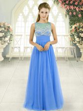 Low Price Beading Homecoming Dress Blue Side Zipper Sleeveless Floor Length