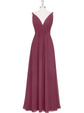 Classical Burgundy Empire V-neck Sleeveless Chiffon Floor Length Backless Ruching and Pleated Prom Dress