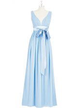  V-neck Sleeveless Backless Prom Evening Gown Baby Blue Chiffon