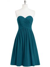  Teal Chiffon Zipper Prom Gown Sleeveless Knee Length Pleated