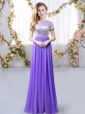 Sweet Lavender Short Sleeves Chiffon Zipper Dama Dress for Prom and Party and Wedding Party