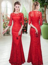  Red Zipper Scoop Lace Prom Dresses Half Sleeves