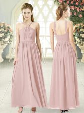 Top Selling Chiffon Halter Top Sleeveless Zipper Ruching Dress for Prom in Pink 