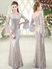 Best Silver Mermaid V-neck Long Sleeves Sequined Floor Length Ruching Evening Dress