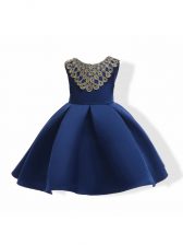 Elegant Ball Gowns Pageant Dress for Girls Navy Blue Scoop Satin Sleeveless Mini Length Zipper