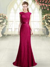 Exceptional Red Backless Prom Party Dress Beading and Lace Cap Sleeves Sweep Train