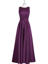 Shining Scoop Sleeveless Backless Prom Evening Gown Eggplant Purple Elastic Woven Satin