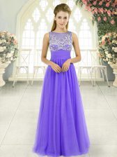 Fashionable Lavender Empire Tulle Scoop Sleeveless Beading Floor Length Side Zipper Prom Dresses