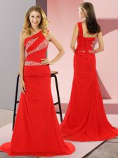  Sleeveless Chiffon Sweep Train Lace Up Prom Dress in Red with Beading