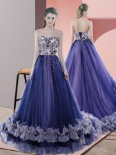 Sexy Blue Tulle Lace Up Sweetheart Sleeveless Prom Dress Sweep Train Beading