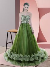  Sweep Train A-line Prom Gown Green Sweetheart Tulle Sleeveless Lace Up