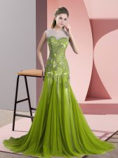  Olive Green Evening Dress Tulle Sweep Train Sleeveless Beading and Appliques